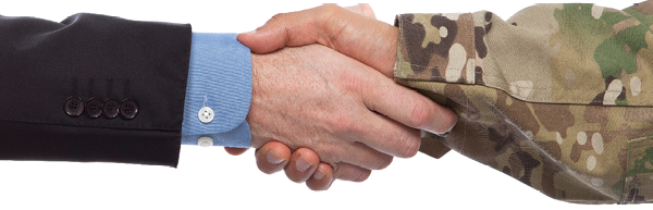 Handshake between people dressed in business suit and camo