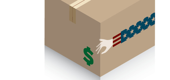 Cardboard box with Uncle Sam's arm reaching for a dollar sign