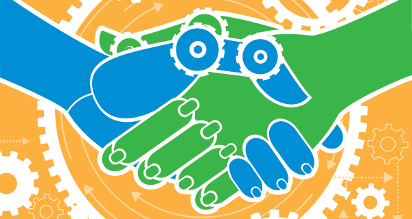 Two hands comprised of gears grasped in a handshake