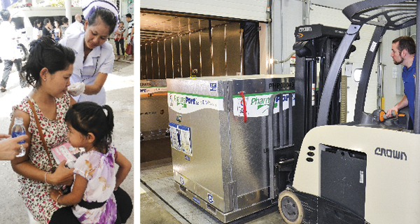 A patient receiving a vaccine and a worker moving a pallet with a forklift