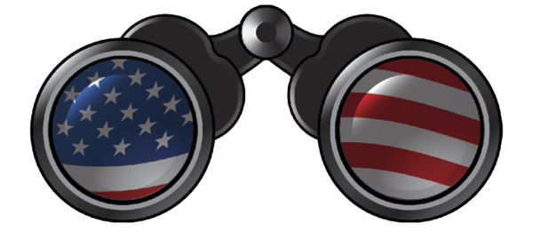 Binoculars reflecing image of American flag