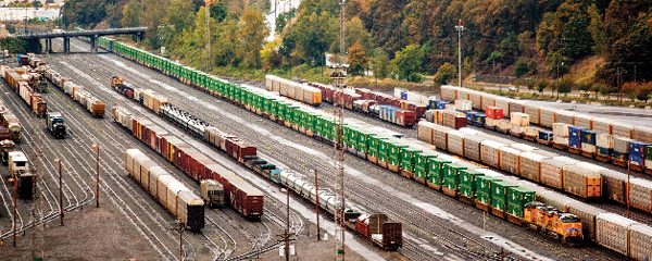 Trains in an intermodal railyard