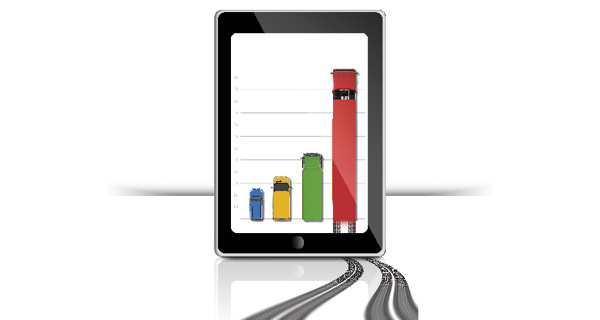 A tablet screen displays trucks on a graph