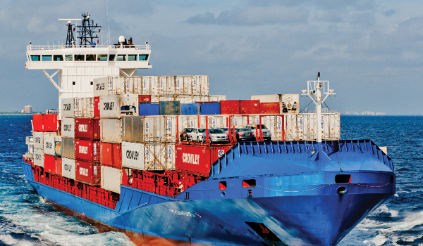 Cargo ship carrying intermodal shipping containers
