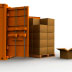 A shipping container, a pallet of boxes, and boxes of various sizes