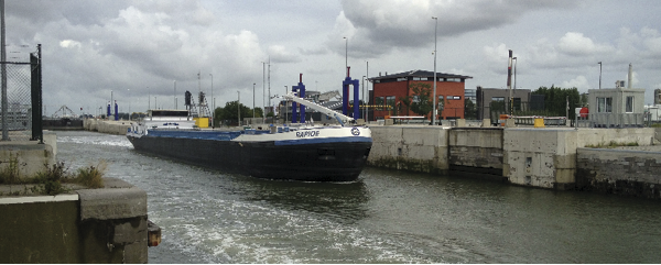 A barge in the locks at Belgium's Port of Antwerp